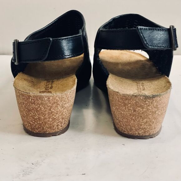 Eric Michael Wedge Sandals EU 39 US 8 Laser Cut Cork Black Perforated Leather - Picture 6 of 9